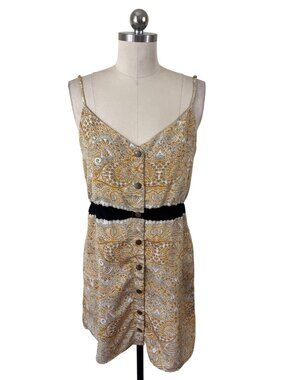 Cope Boho-Chic Indie Artsy Paisley Mini Dress Womens Medium Yellow Grunge 90s